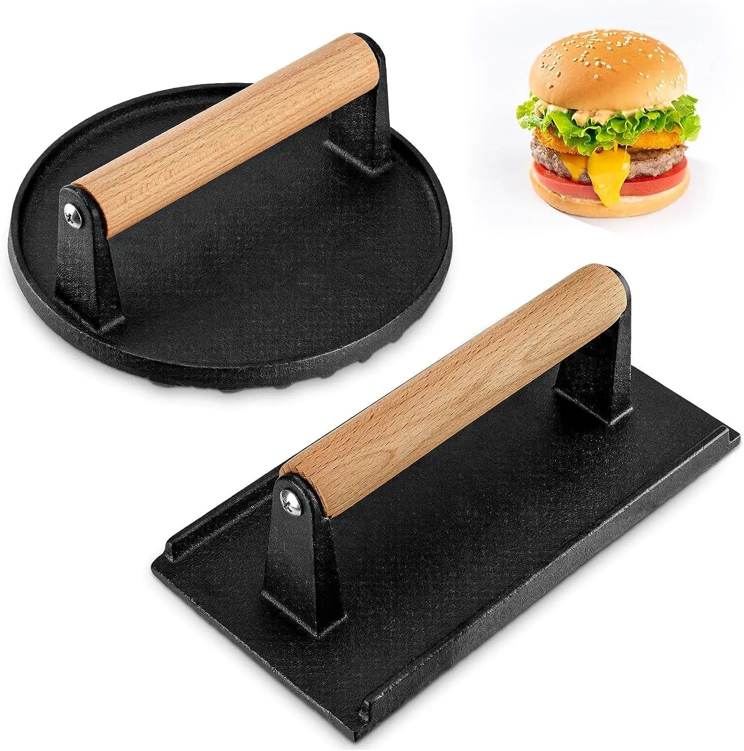 Set of 2 Cast Iron Manual Burger Press Custom or Standard Low Price Metal Smash for Home Kitchen Use