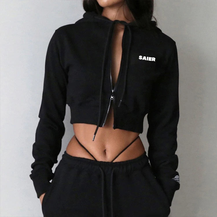 Custom Women Full Zipper Crop Top Hoodie Wholesale Casual Heavy Weight Cotton Pullover Zip up Hooded Jacket for Ladies