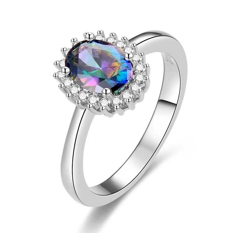 Fashion Women's 925 Silver Oval Cut Crystal Gemstone Ring with Diamond Main Stone Rhodium Plated Setting for Party Engagement
