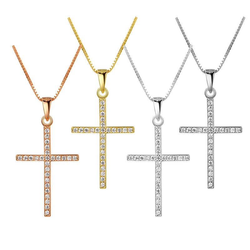 Simple Big CZ Cross Charm Necklace 925 Sterling Silver Pave Zircon Cross Pendant Necklace for Women Daily Jewelry