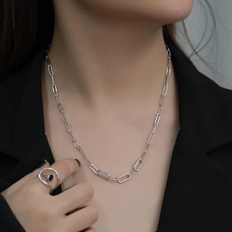 2021 Luxury Micro CZ Gold Plated Paper Clip Link Chain Solid 925 Sterling Silver Paperclip Necklace for Women