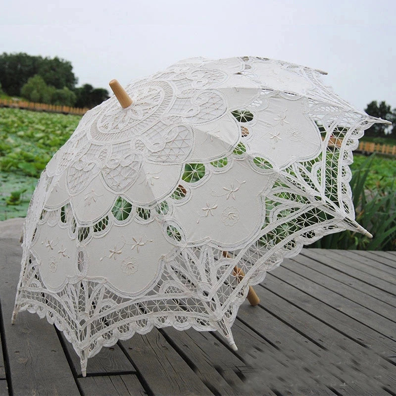 Vintage Lace Parasol Wooden Handle Battenburg Embroidery Digital Printing Ivory Modern Wedding Prop Umbrella