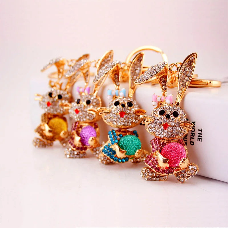 Lovely Bowknot Rabbit Crystal Bag Pendant Key Chains Holder Ring Women Keyring Keychain for Car Fashion Jewelry