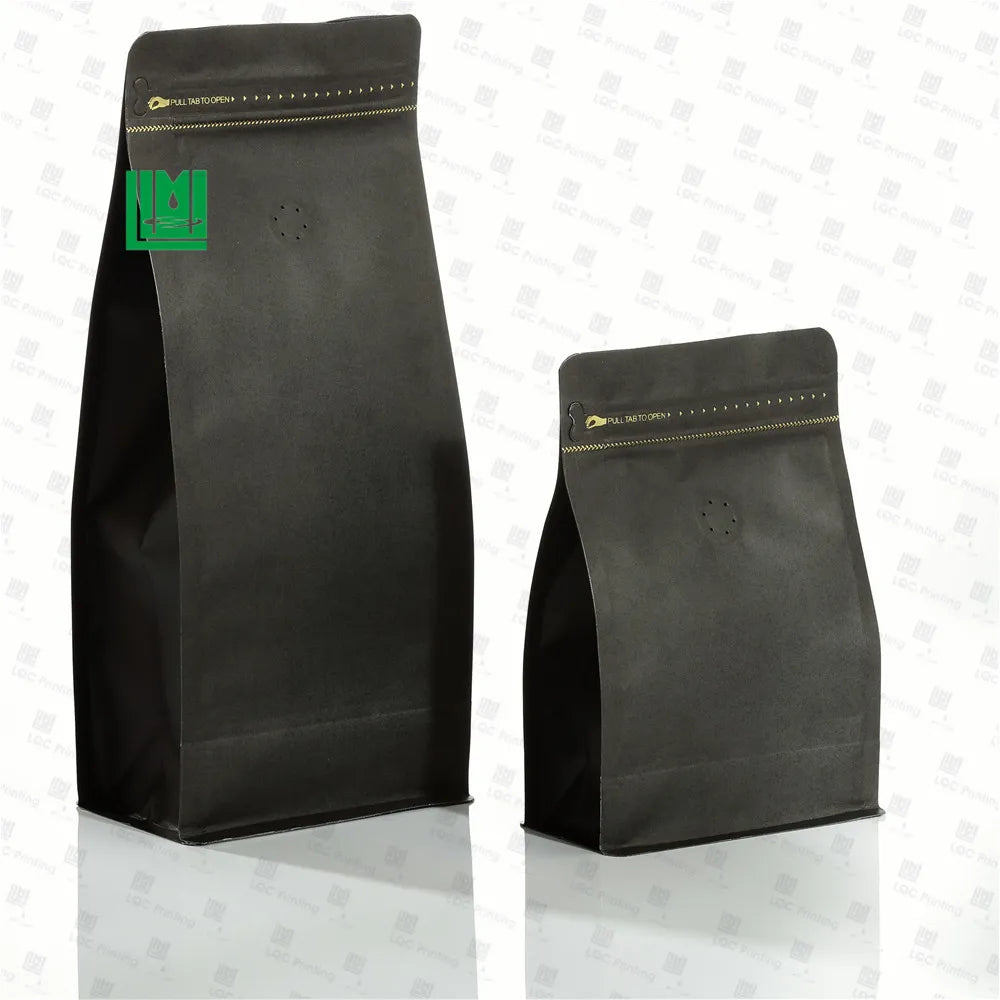 Custom Recyclable 140mic Thick Self-sealing Box Pouch Black Kraft Paper Coffee Bags Food Grade Flat Bottom Print