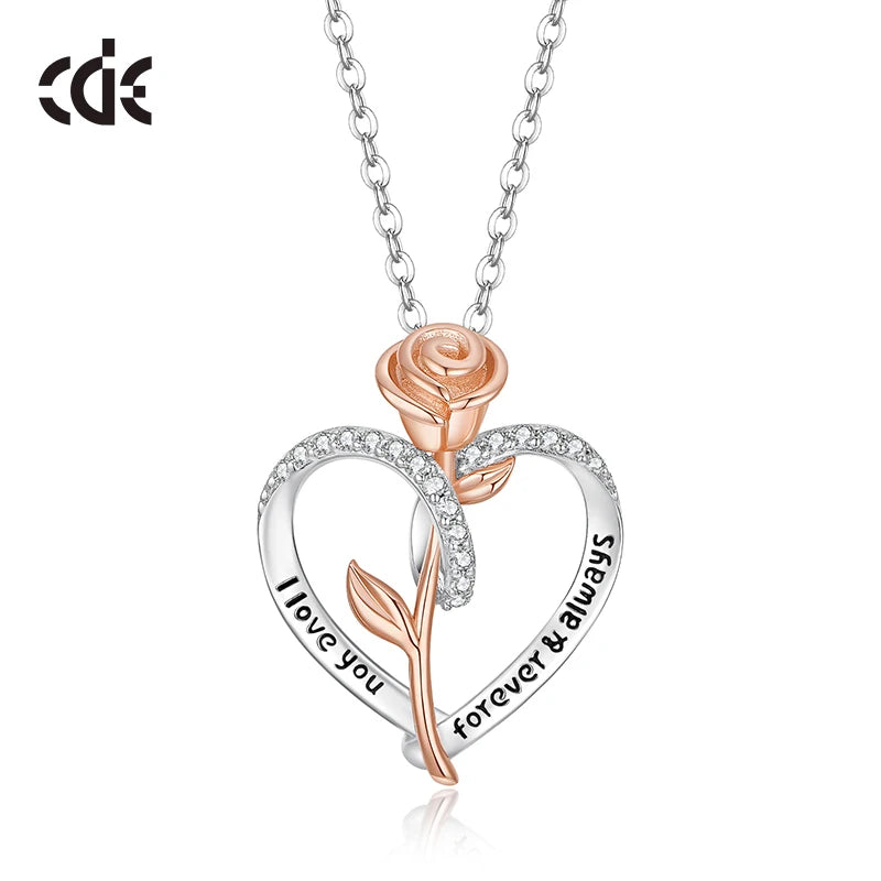 CDE YN1057 925 Sterling Silver Necklace Heart-Shaped Fine Silver Pendant with Flower Collar Mom Heart Necklace