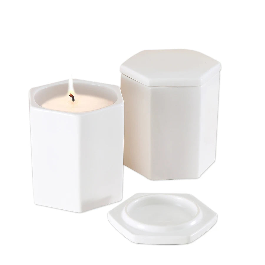 Custom White Porcelain Candle Vessels Candle Container Hexagon Ceramic Candle Jar with Lid