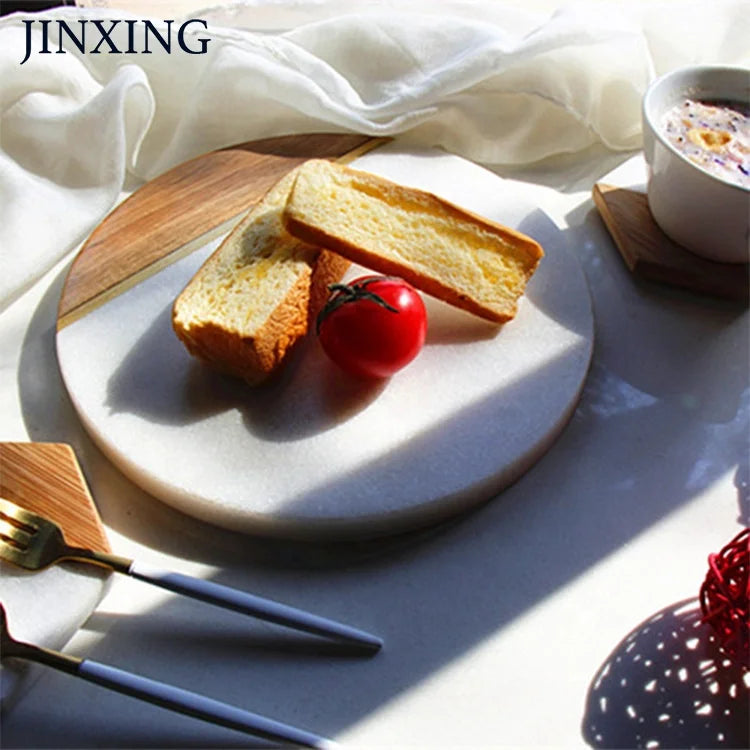 Eco-Friendly Acacia Wood Dinner Plate with Marble Stitching Europe Style for Party Use