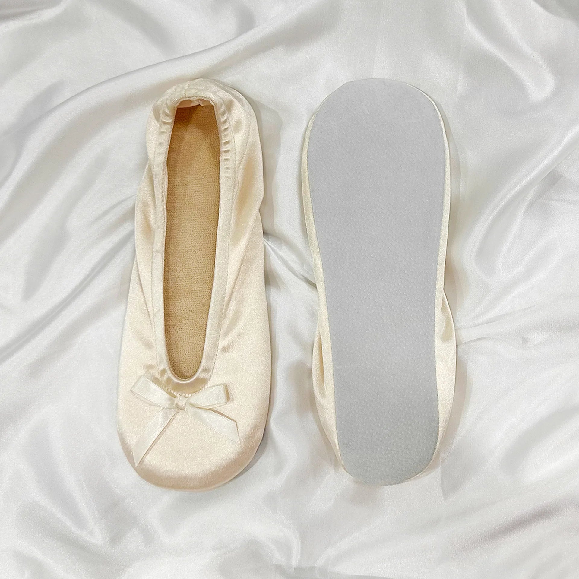 New Design Foldable Thick Toweling Bow Casual Ballet Flat Women Fashion Satin Indoor Outdoor Ballerina Shoes for Ladies