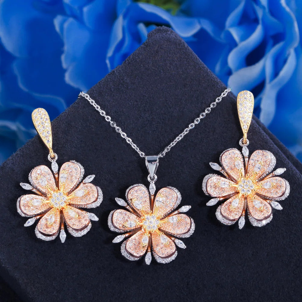 3D Geometrical Design Cubic Zirconia 3 Tone Silver Plated Flower Drop Earring and Necklace for Women Engagement CZ Jewelry Sets