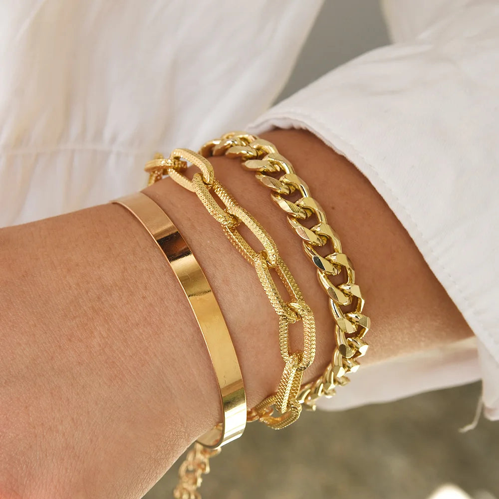 SC Hot Selling Punk Snake Chain Bracelet Hip Hop 3pcs Layered Bracelet Personalized Gold Plated Polished Twist Bracelet Women