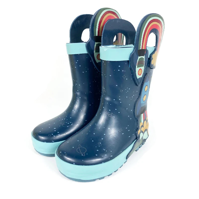 Custom 3D Rocket Print Midi Waterproof Unisex Toddler Rain Boots & Gumboots for Kids with Easy-on Rainbow Handles Recyclable