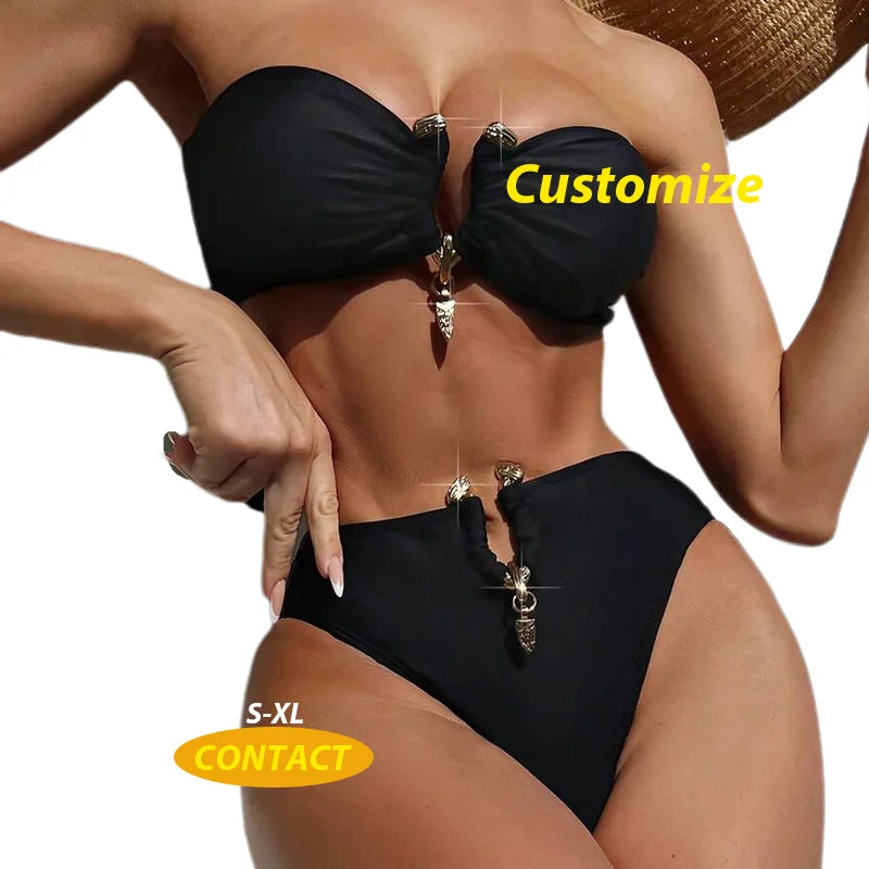 High Waist Push-Up Bikini Swimsuit Solid Pattern Swimwear in Stock