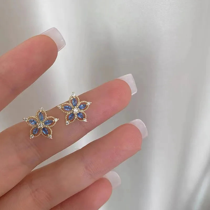14K Gold Plated Pure 925 Sterling Silver Blue Zircon Fancy Cute Orchids Flower Stud Earrings for Women Girls