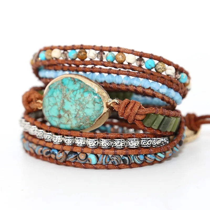 Creative Natural Stone Bead Braided Leather Bracelet Bohemia Multilayer Braided Rope for Women Pearl Main Stone for Gift