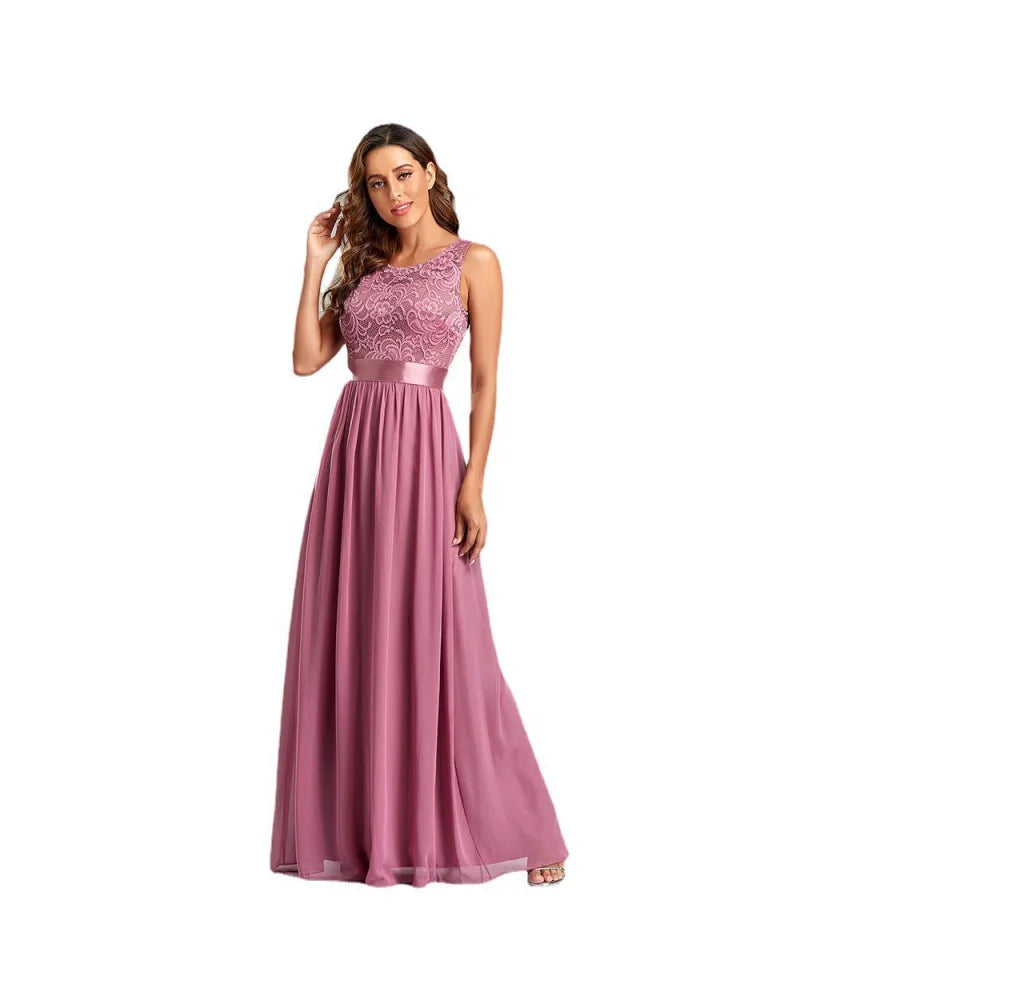Spring and Summer New High Waist Lace Stitching a Swing Large Size Evening Dress Party Catwalk Dress