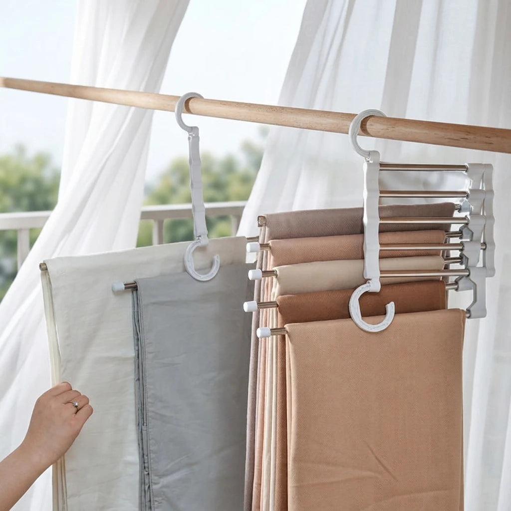5 in 1 Magic Trouser Rack Hangers Stainless Steel Folding Pant Rack Tie Hanger Shelves Bedroom Closet Organizer Wardrobe Storage