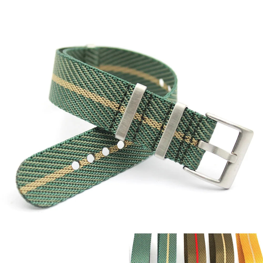 Best Seller Green Beige Striped Twill Pattern Seatbelt Slated One Pass Watch Strap Nylon With Premium Buckle 18mm 20mm 22mm