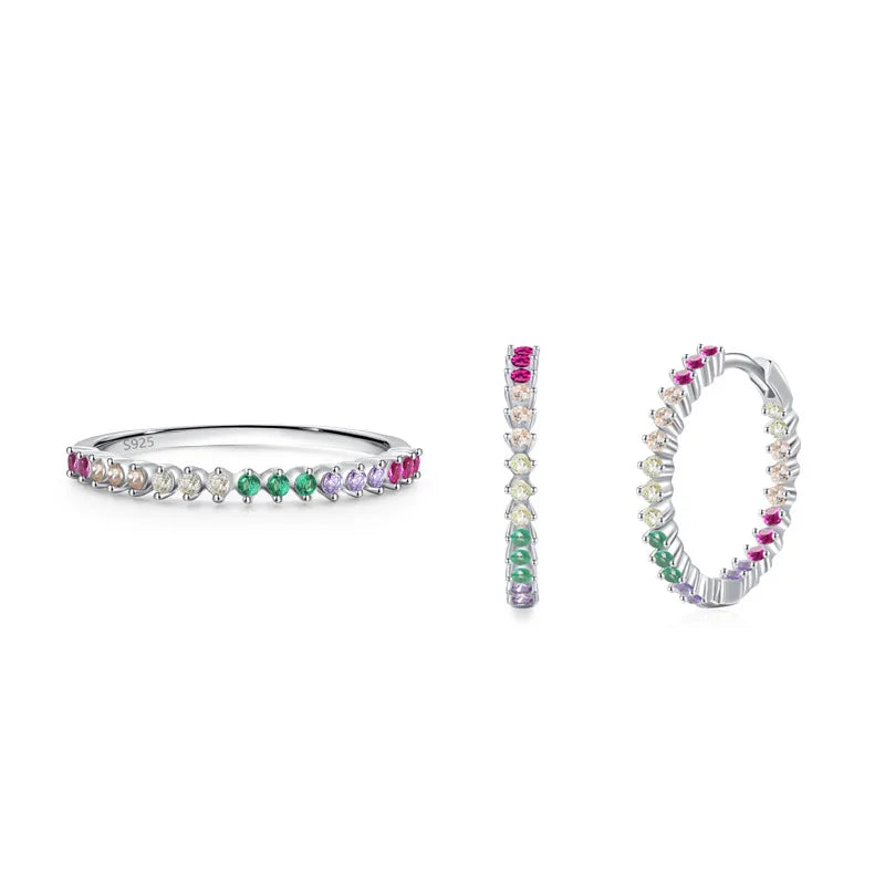 Light Luxury Fine Jewelry Set 925 Sterling Silver Colored Zircon Stackable Ring Hoop Earrings Gifts Engagement Parties