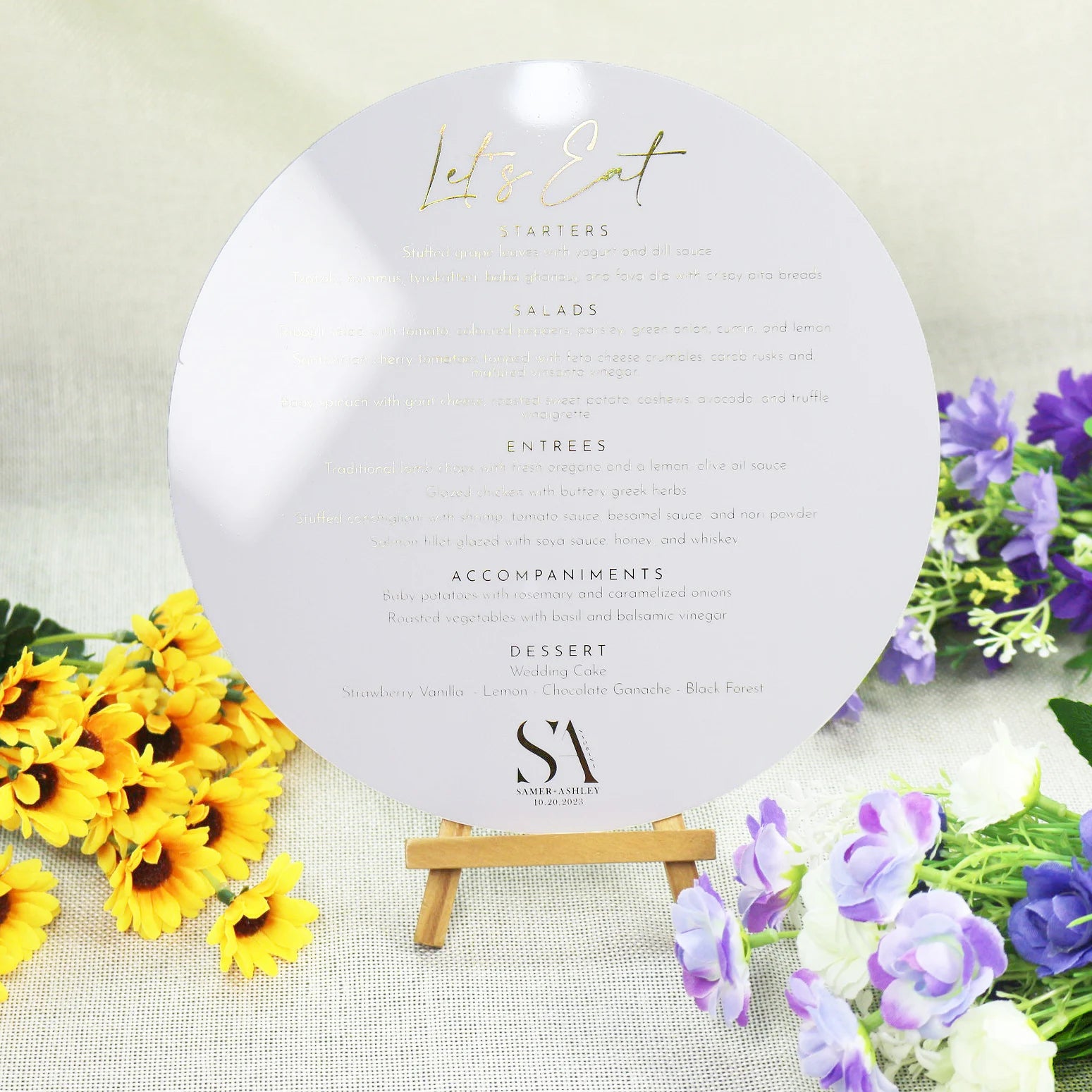 Modern Chic White Acrylic Food Menu Cards Handmade Luxury Gold Foil Text Shape for Weddings-Styles Include Music Angel Cross