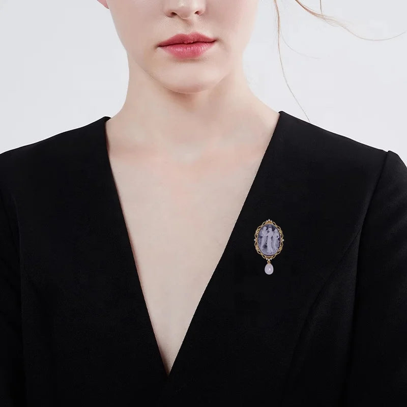 Heizun X70 S925 Silver Gold Plated Jewelry Black Onyx Blue Agate Cameo 3D Carving Three Graces Pendant Designer Brooch for Woman