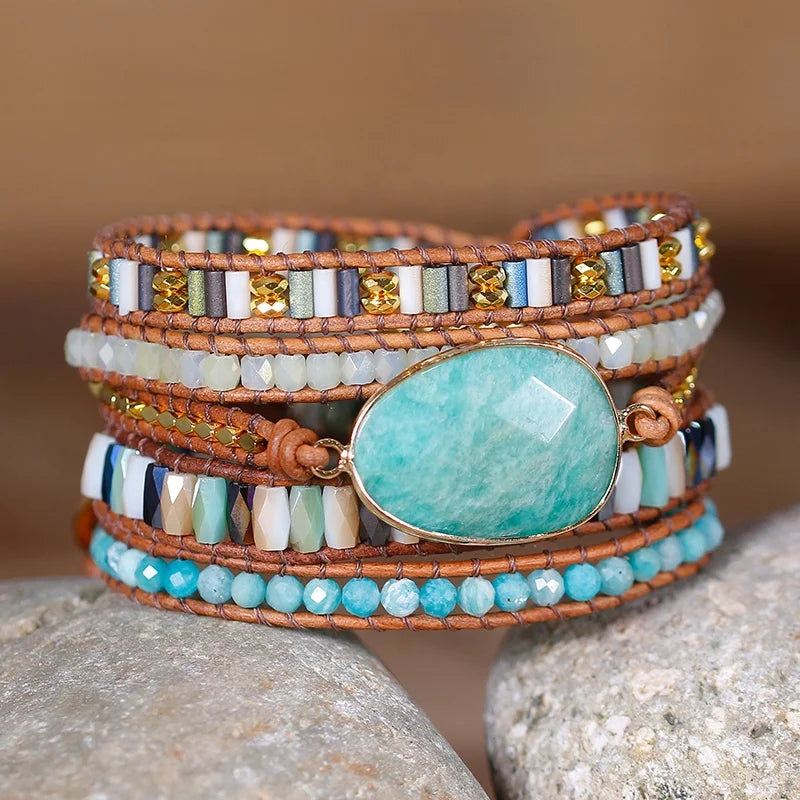 Handmade Amazonite Bracelet Stones Wrap Bracelet Bead Bracelet Femme Jewelry Natural 5 Layers Leather Women BOHO Boho Party