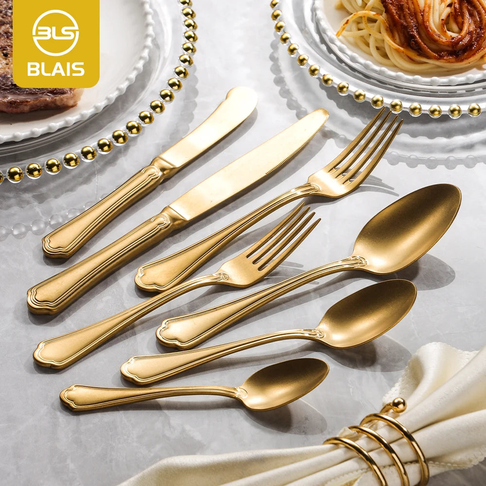 Dishwasher Safe Wholesale High End Vintage Brushed Matte Frosted Gold Stainless Steel 304 Spoon Fork Cutlery Set Party