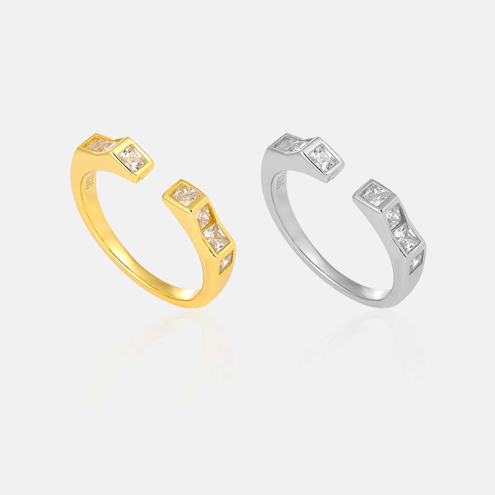 FUAMAY Fashion Simple 925 Sterling Silver Casual Rings Square Zircon Geometric Open Ring for Ladies
