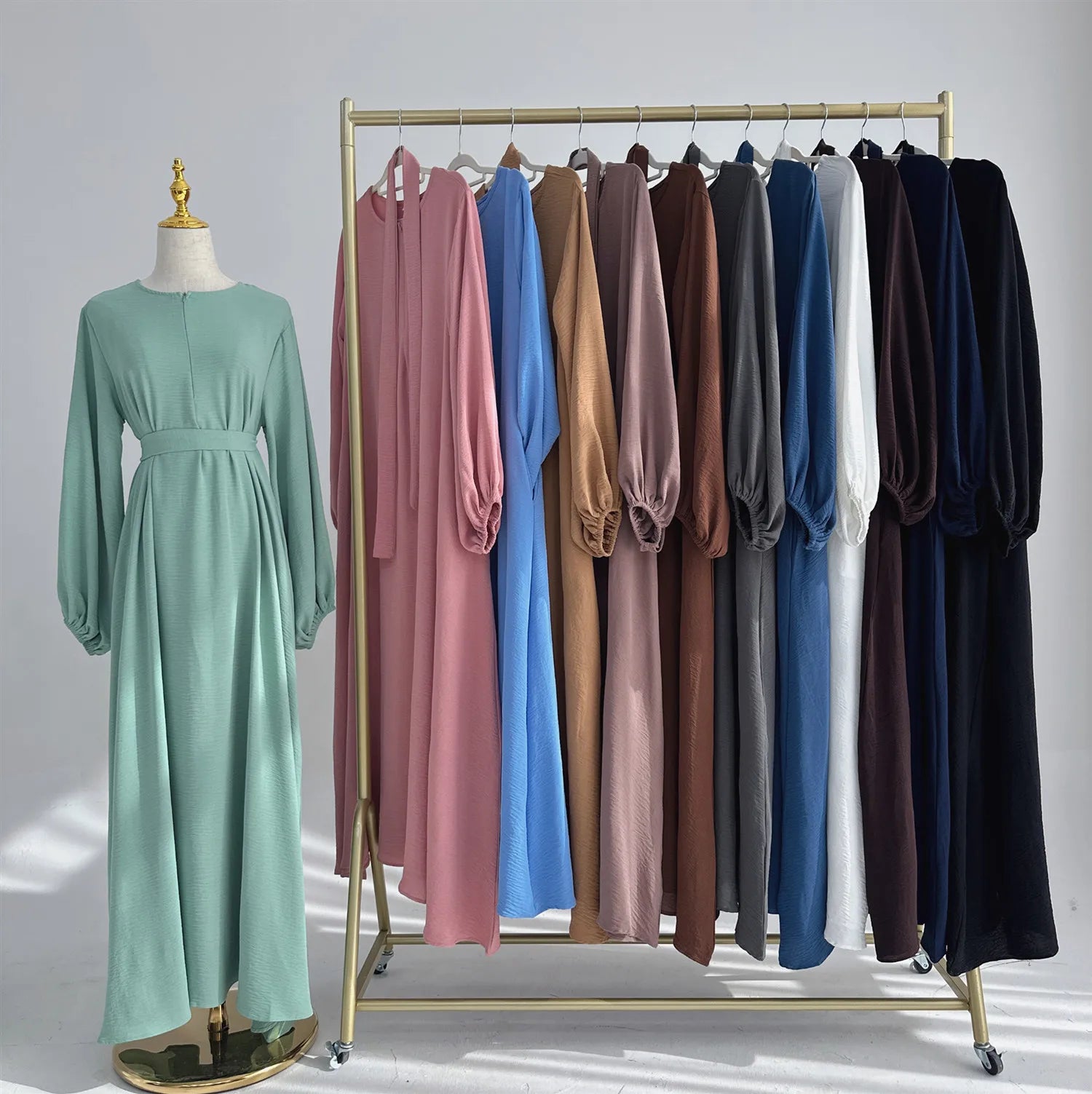 2024 EID New Puff Sleeve Front Zipper Muslim Abaya Modest Dress Wrinkle Polyester Dubai Abaya Islamic Womens Clothing Wholesale