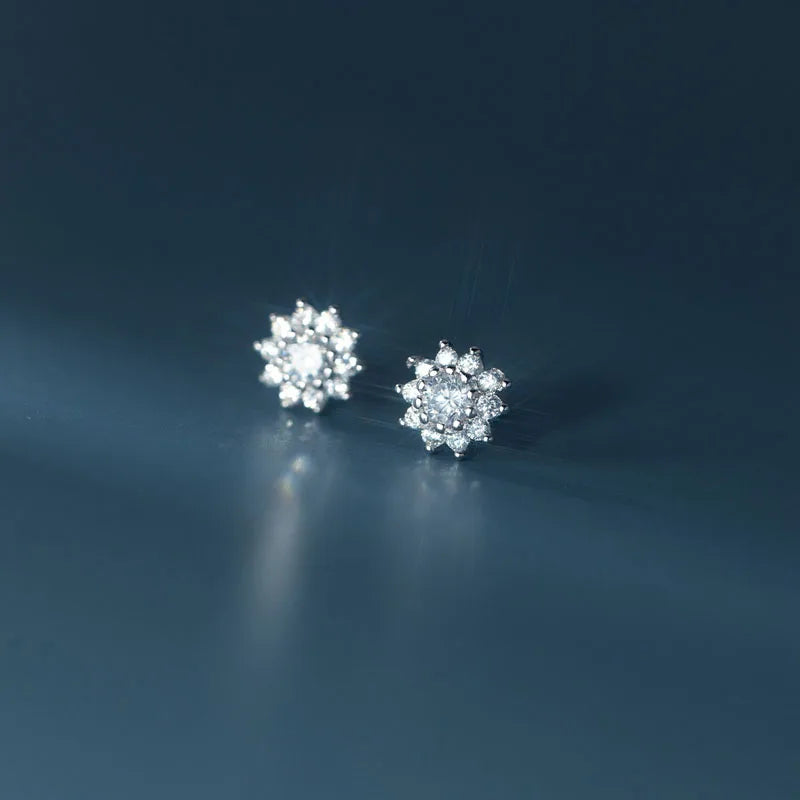 Full CZ Zircon Sunflower Stud Earring Wedding Women 925 Sterling Silver Jewelry