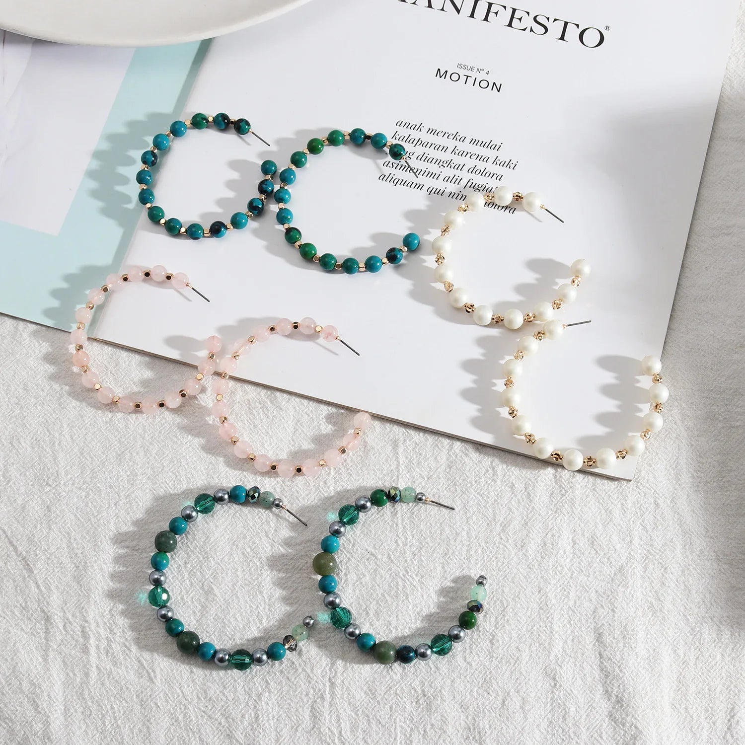 2023 New Fashion Copper Beaded Hoop Earrings Handmade Natural Stone C Shaped Earrings for Female