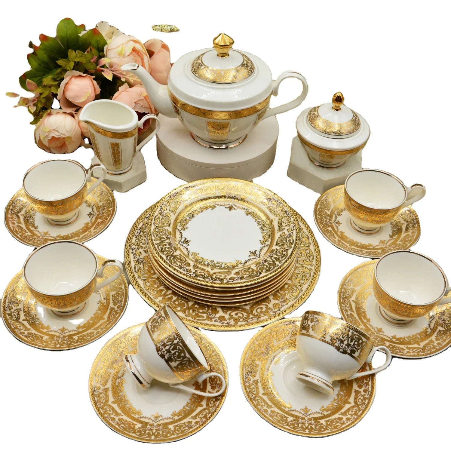 24K Gold Coffee Set cup&saucer Setbone China Golden Plate Tableware Set