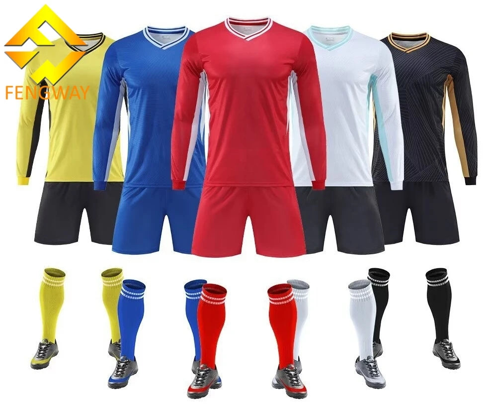 Custom Heat-Transfer Men's V-neck 100% Polyester Blank Long Sleeve Soccer Jersey Goalkeeper Set All Seasons
