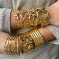 Exaggerated Tree Branch Shell Hammer Pattern 18K PVD Gold Plated Stainless Steel Wide Hollow Open Bangle