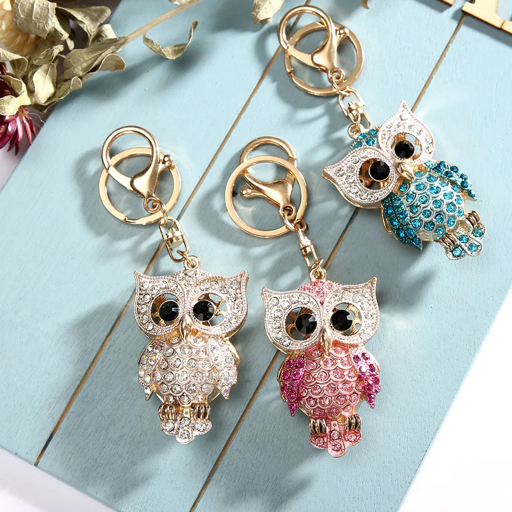 Lovely Crystal Owl Keychains Women Cute Accessories on Bags Car Key Chain Keyrings Toy Gifts