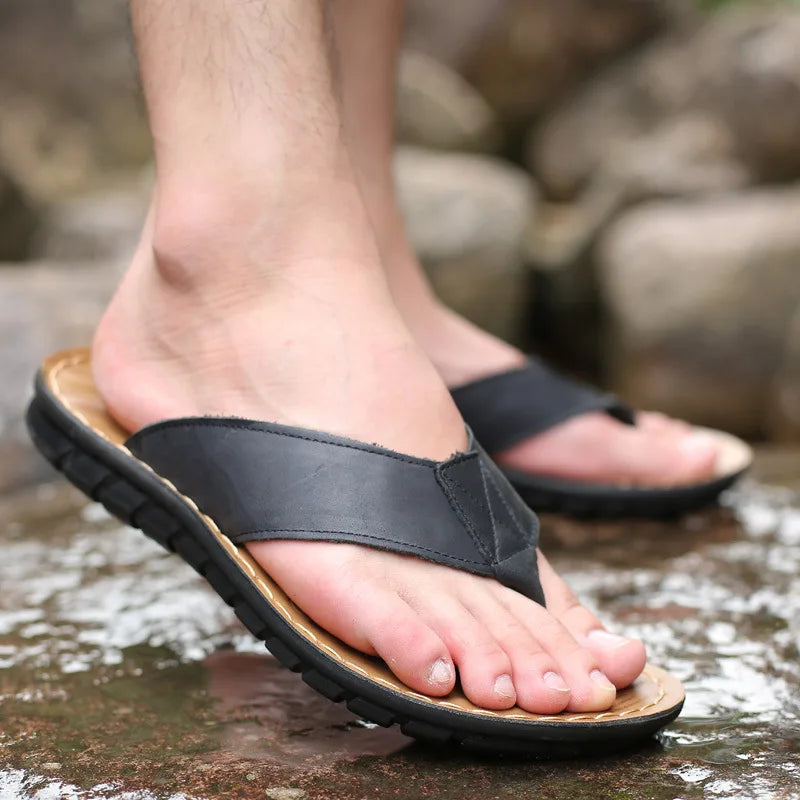Men's Casual Summer Flip-Flops Chancletas Anti-Slippery Leather Beach Sandals for Winter