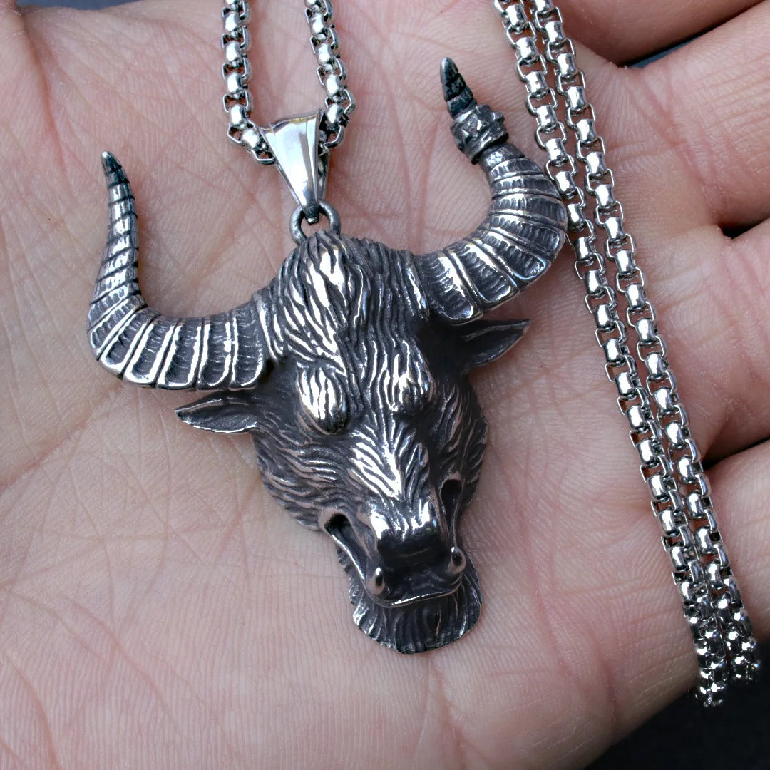 Punk Personality Retro Cow Horn Bull Head Men's Stainless Steel Pendant Necklace Accessories Wholesale