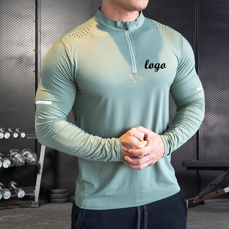 Custom Quick Dry Men's Gym T-Shirt 1/4 Quarter Zip Pullover Long Sleeves Solid Jogging Sportswear Formal Knitted Golf Shirts