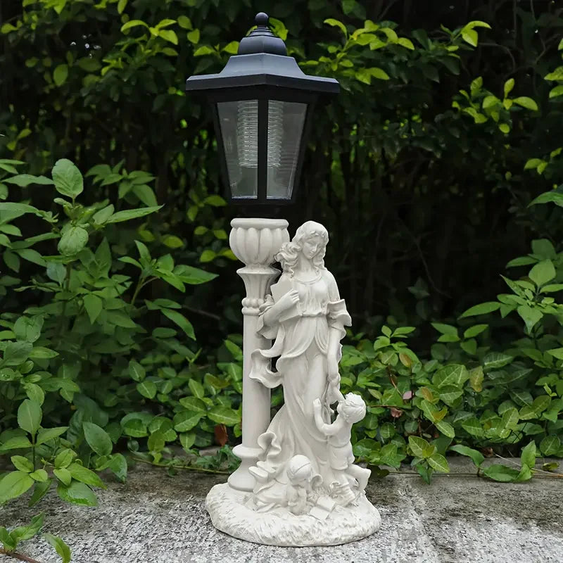 Vintage Street Lamp Resin Sculpture with Elegant Lady & Children Group Classic Home Decor for Indoor Outdoor Garden