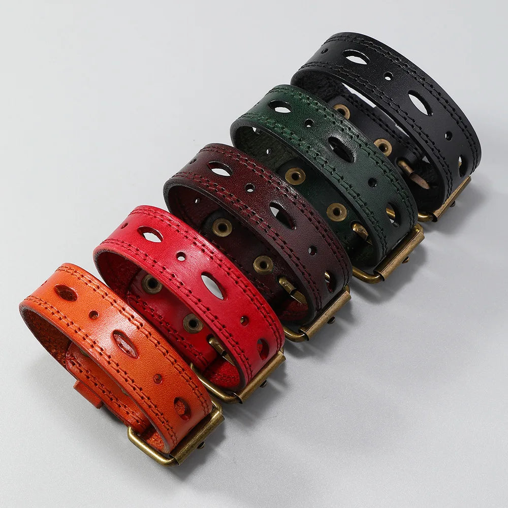 Hight Quality Punk Wide Wrap Genuine Leather Wristband Hollow Adjustable Men Bracelets & Bangles Women Homme Vintage Jewelry