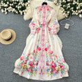 LW0688 2025 Spring Holiday Style Lapel Lantern Sleeve Print Waist Swing Long Dress  Printed Dresses Women Lady Elegant