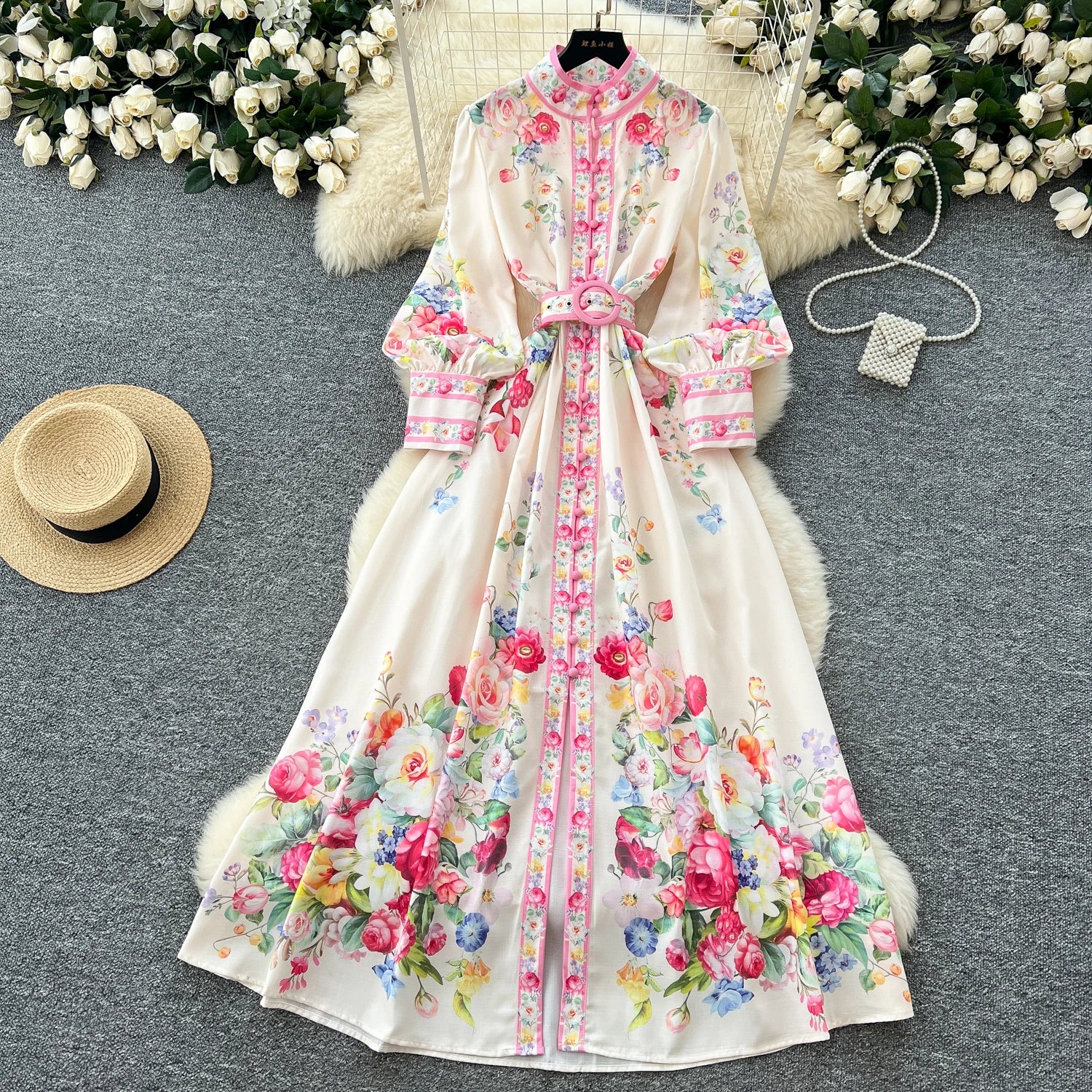 LW0688 2025 Spring Holiday Style Lapel Lantern Sleeve Print Waist Swing Long Dress  Printed Dresses Women Lady Elegant