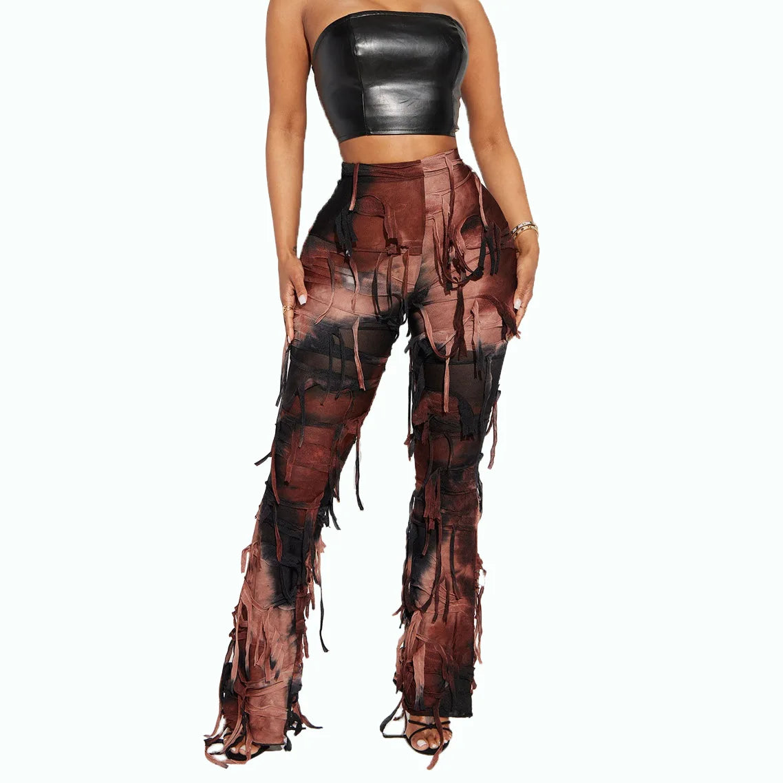 Hot New Women Pants Trousers 2023 Stretchy Streetwear Tie-Dye Tassel Designer Casual Flare Stacked Pants for Women Female