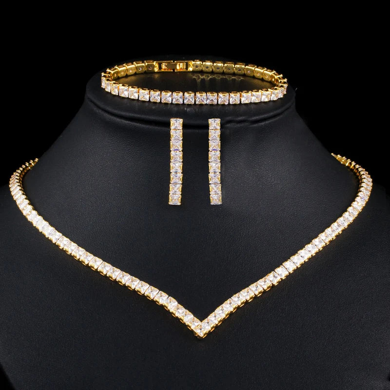 Top Quality Classic Princess Cut Cubic Zircon Women Luxury Wedding Necklace Earrings and Bracelet 3 Pcs Jewelry Sets for Party