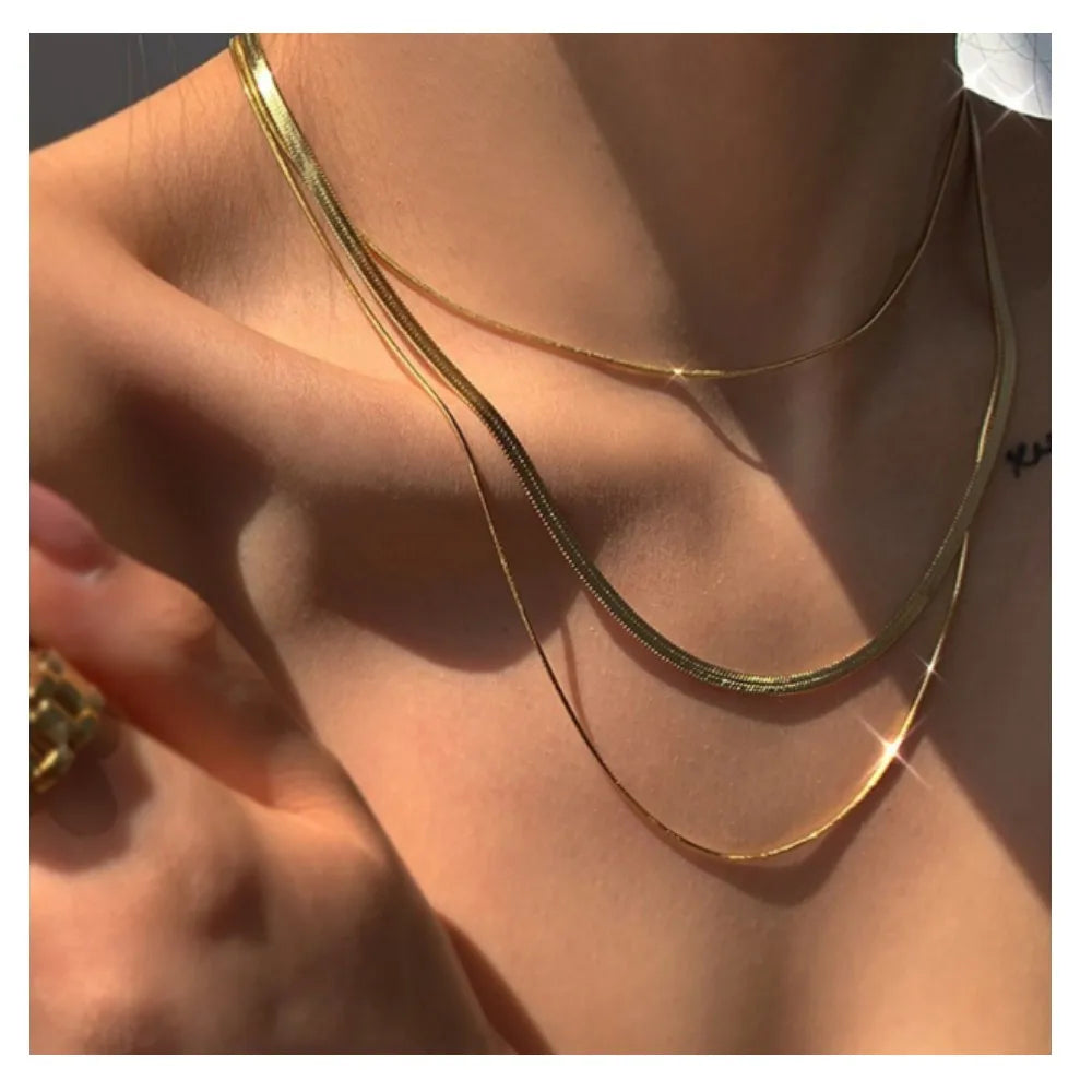 VKME Women Jewelry Three Clavicle Chain Snake Bone Choker Necklace Jewelry Gold Plated Stainless Steel Flat Snake Chain