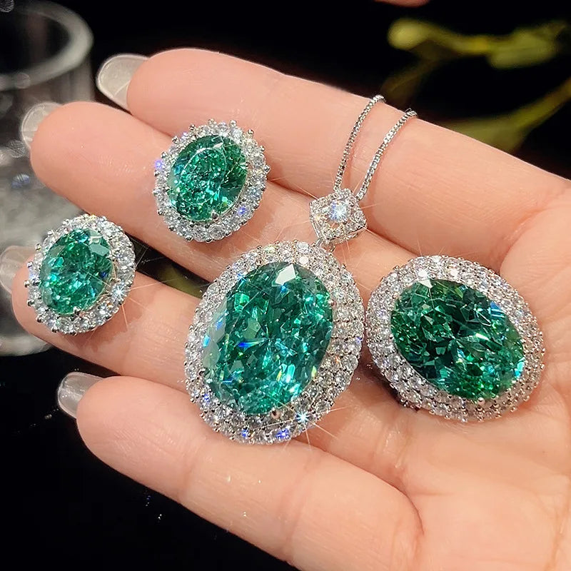 Oval Emerald Zirconia Retro Suit Ring Necklace Earrings Light Luxury and Elegant Engagement Jewelry