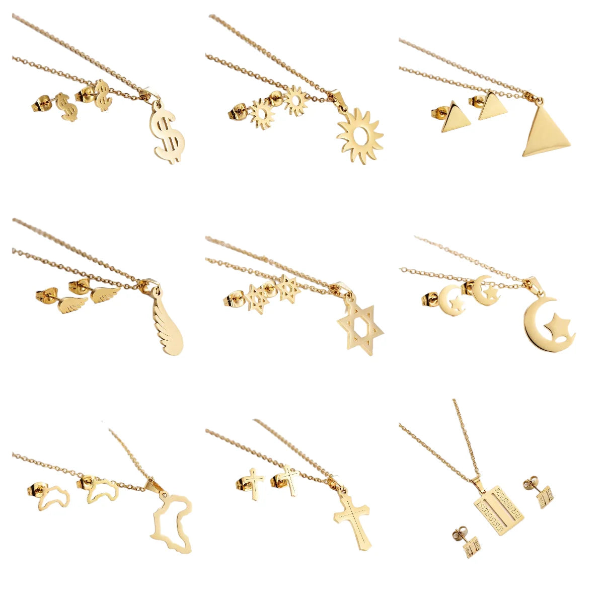 Cheap Wholesale Bulk Minimalist 18K Gold Stainless Steel Cross Star Jewelry Set for Women Link Chain Necklace Earrings Sets