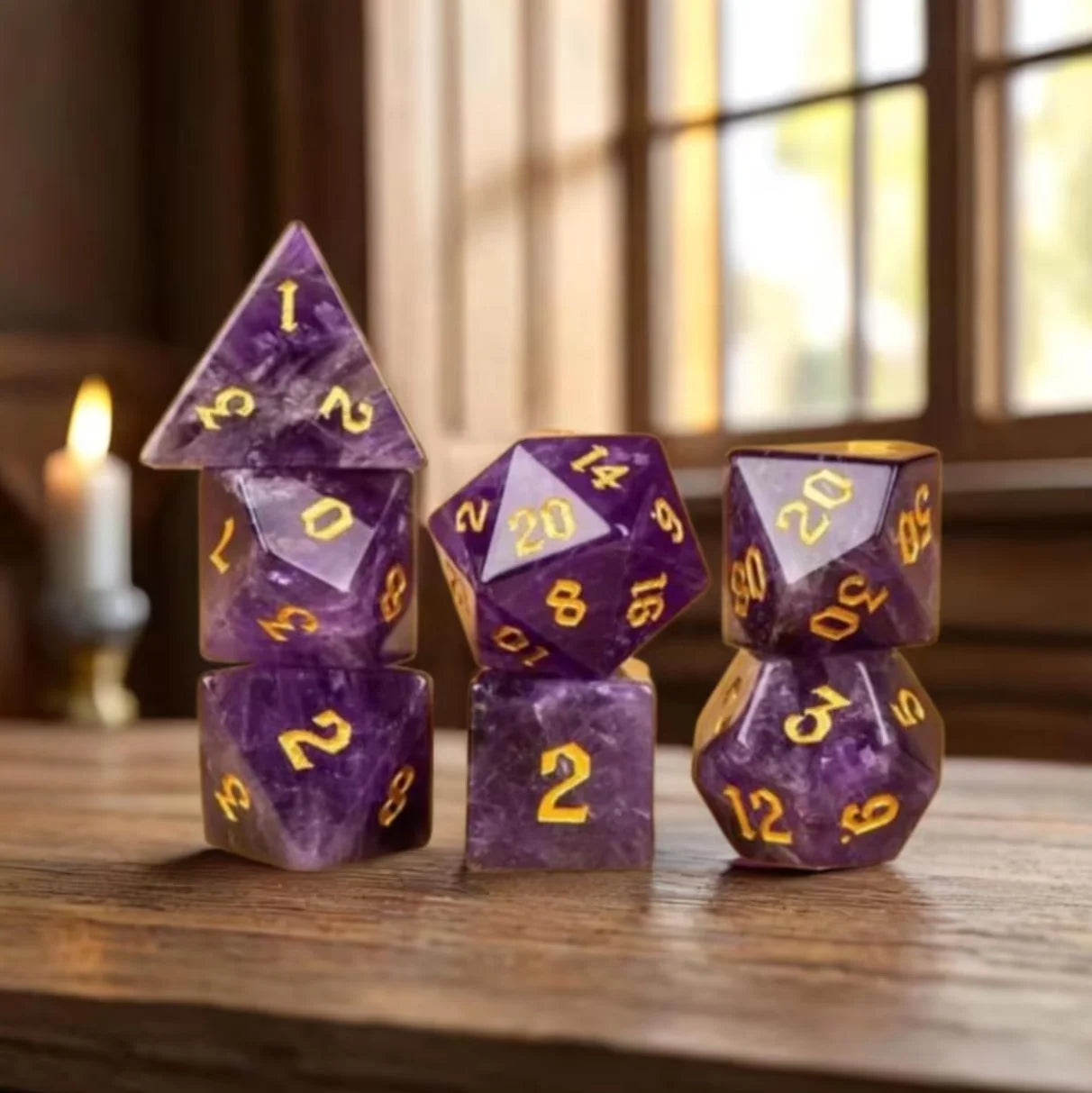 Polyhedral Custom logo Rpg Dungeons and Dragons Gemstone Amethyst Dice Game Set Nature Stone Dice