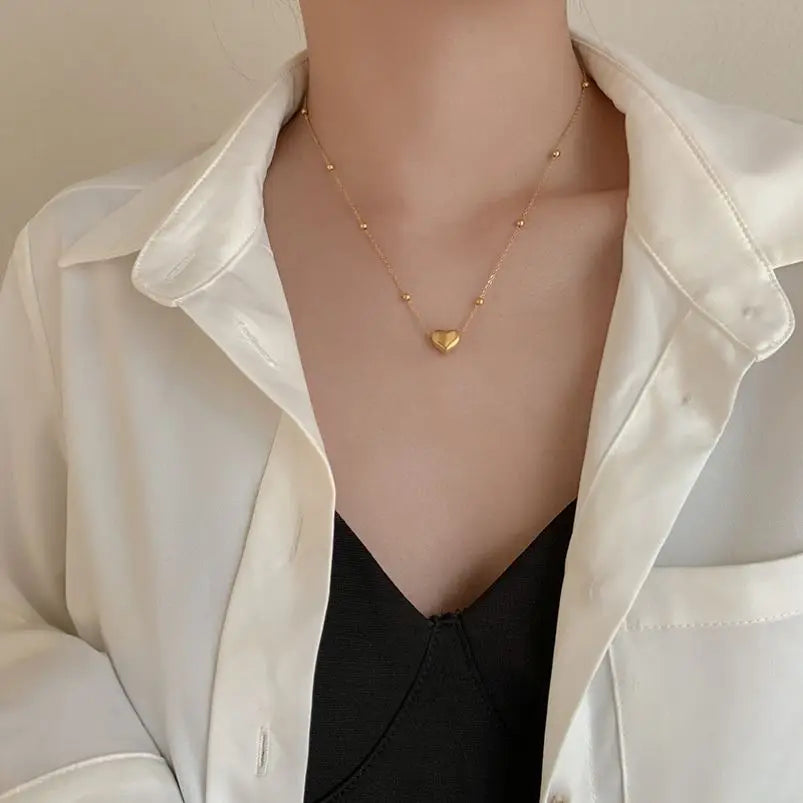 Dainty Gold Plated Heart Pendant Stainless Steel Adjustable Ball Beads Chain Sweet Love Heart Necklace for Jewelry Gift