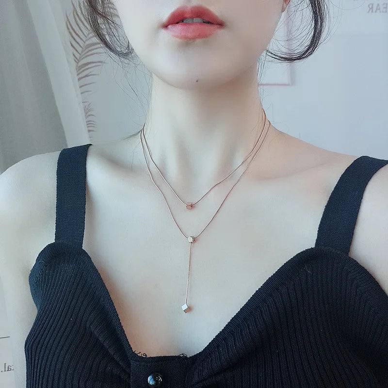 Nabest Waterproof Stainless Steel Cube Charm Tassel Necklace Women Jewelry 18k Gold Plated Minimalism Layers Necklaces