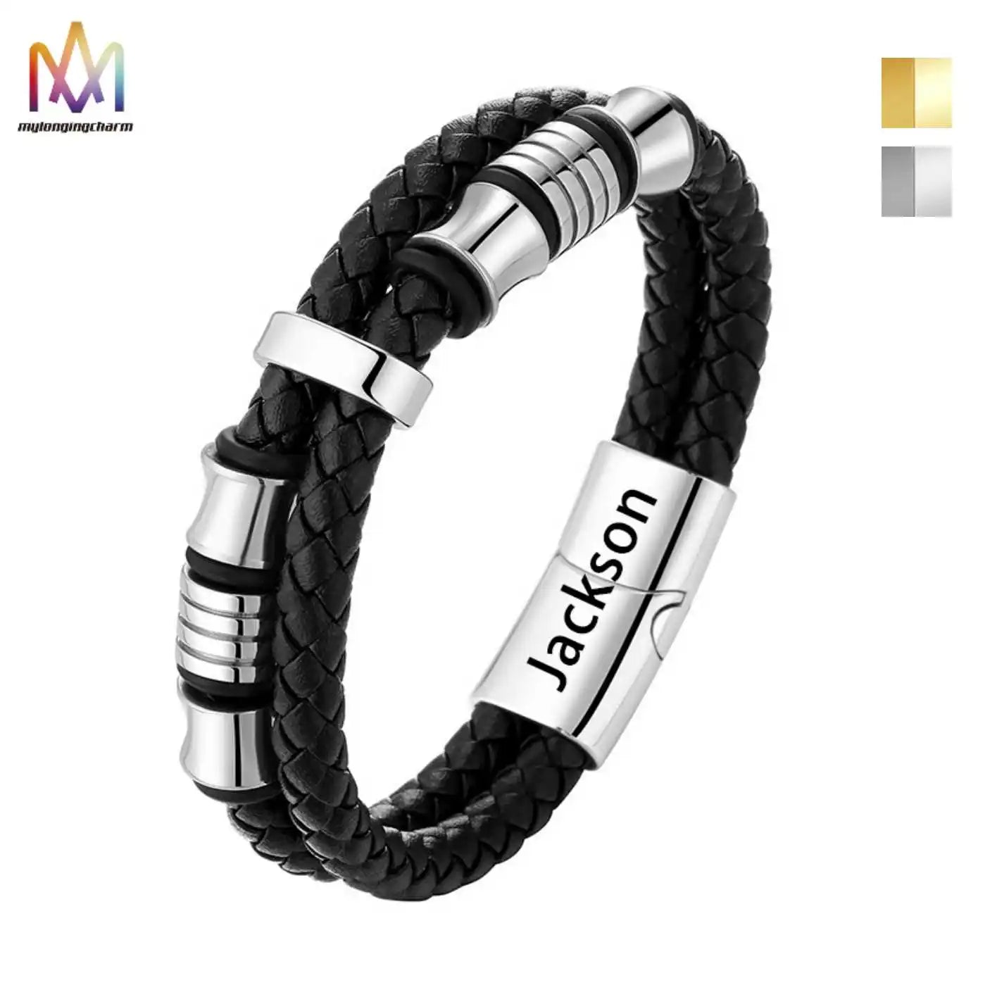 New Arrival Customizable Name Engraved Men's Leather Cord Bracelet Fashionable Gift for Dad on Father's Day or Thanksgiving Day